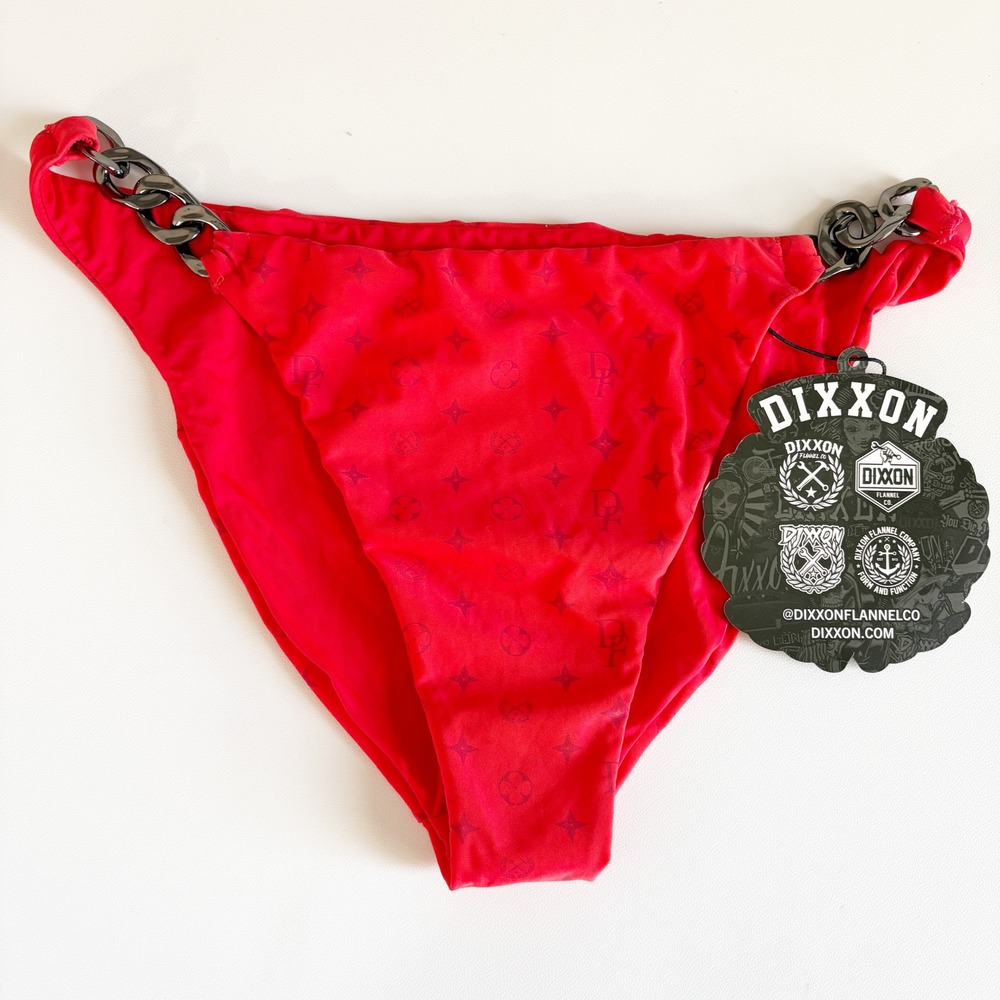 NWT Dixxon Womens Gold Digger Red Bougie Chain Link Bikini Swim Bottom Size 2X